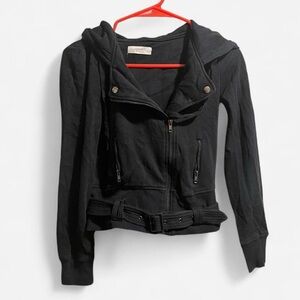 BE COOL Black Cropped Cotton Biker Jacket with Hood and Belt